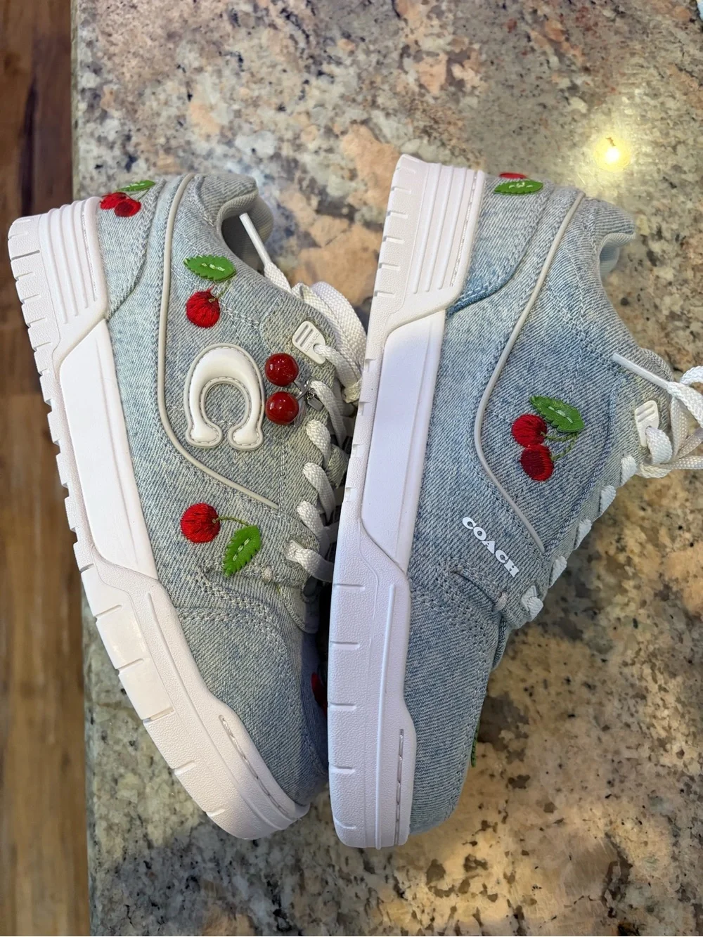 Coach Women’s Light Blue Denim Sneakers with Red Cherry Embroidery